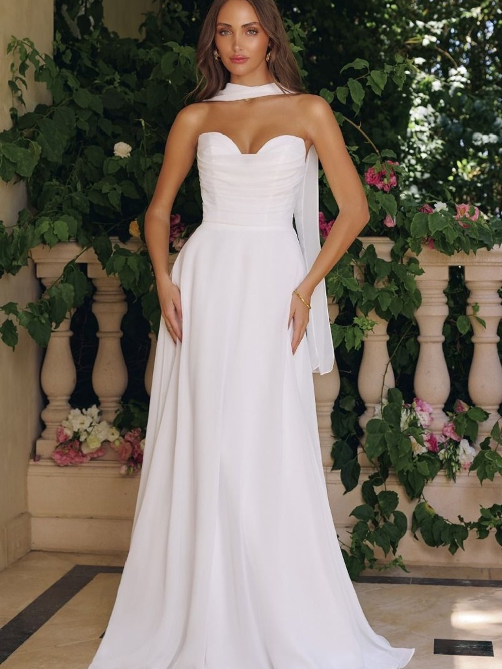 Elegant White Strapless A-Line Dress with Scarf Detail